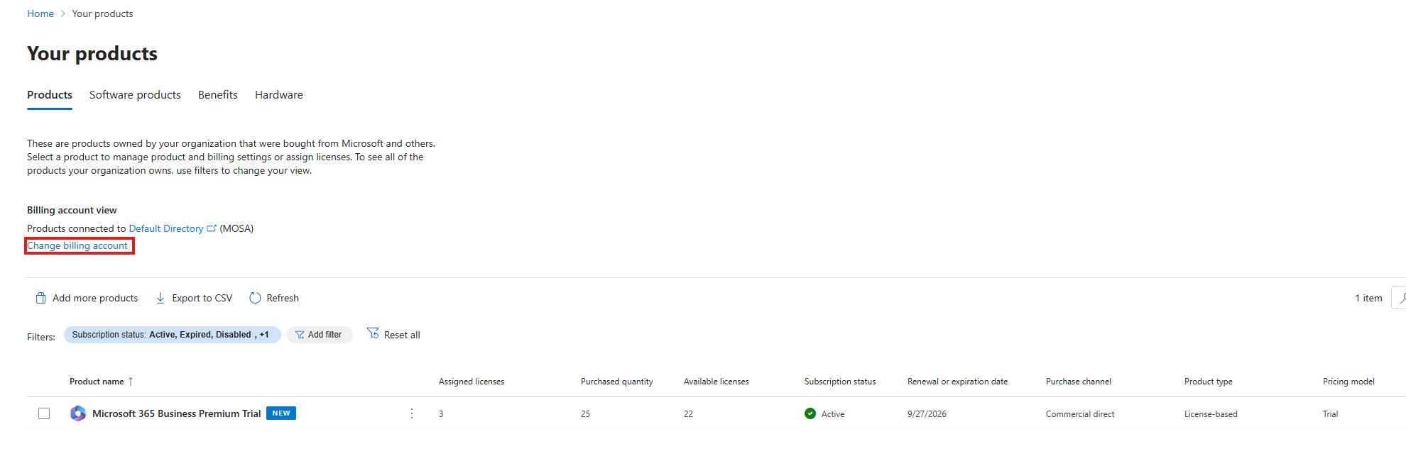 Your products showing the Change billing account control and the trial expiring 9/27/2026