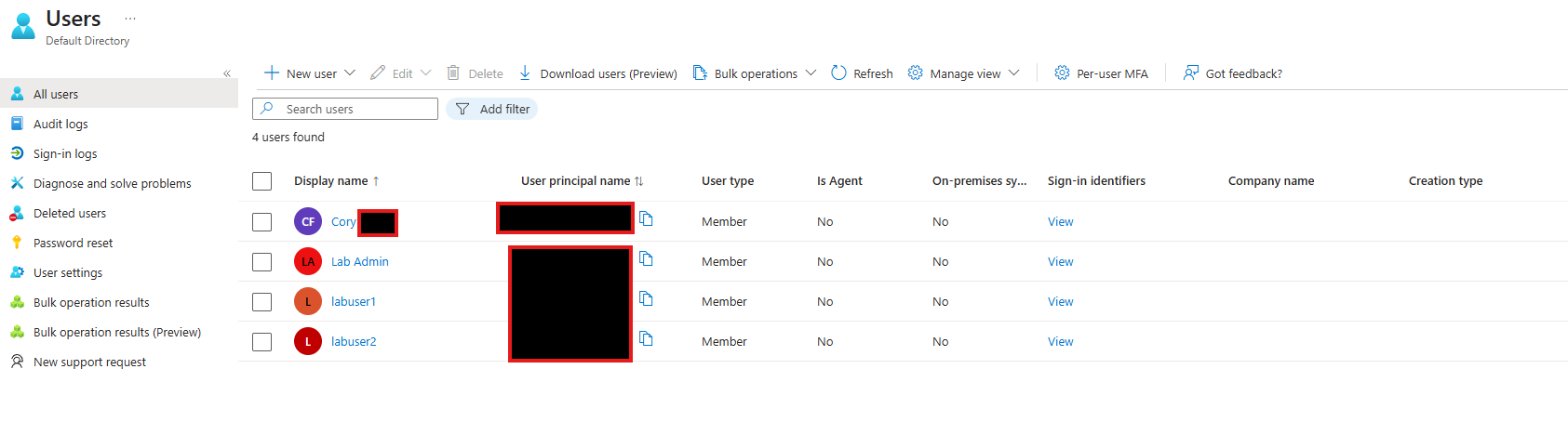 Entra user list: the personal account that created the tenant plus the three lab identities