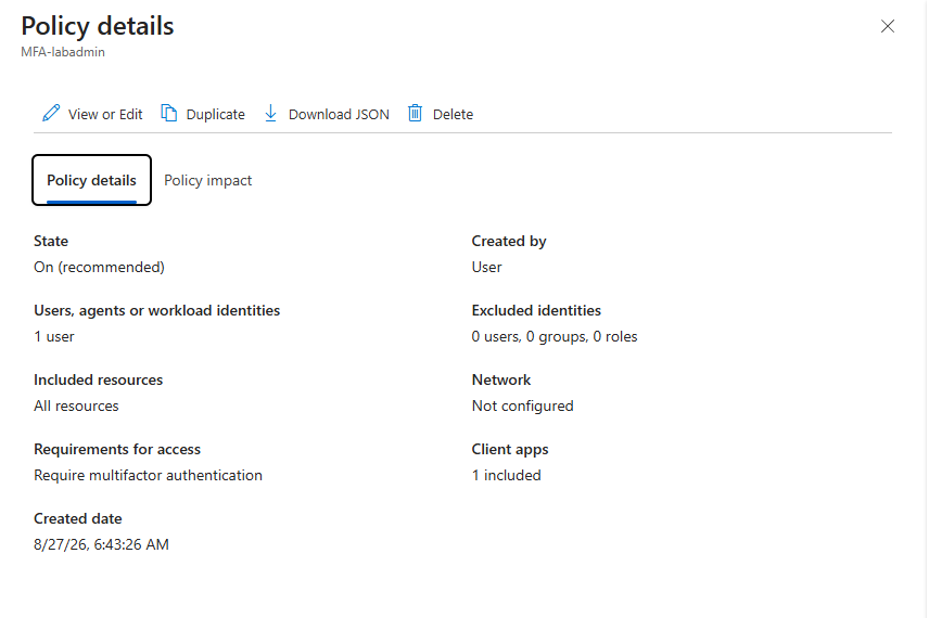 MFA-labadmin policy details: one user in scope, all resources, require multifactor authentication