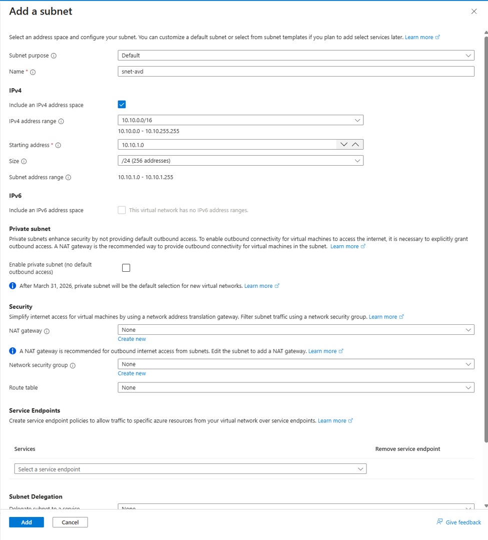 Add a subnet panel: snet-avd at 10.10.1.0/24, the private subnet checkbox now unchecked, above the note that private subnets became the default after March 31, 2026