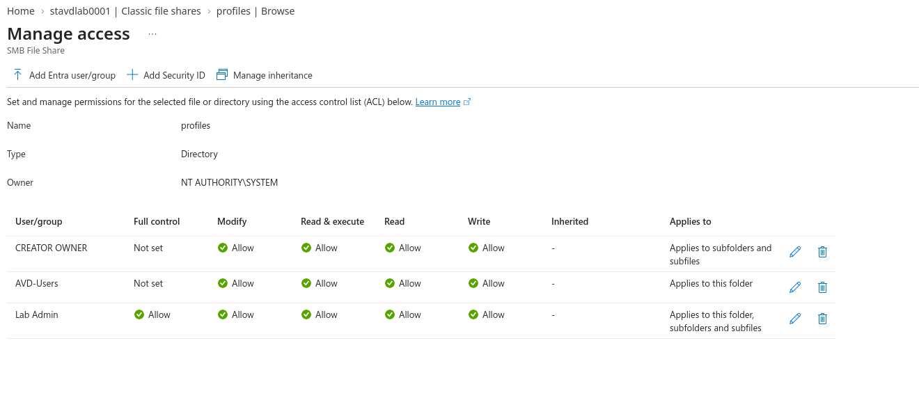 The FSLogix ACL baseline on the share root: CREATOR OWNER on subfolders and files only, AVD-Users on this folder only, labadmin with full control everywhere