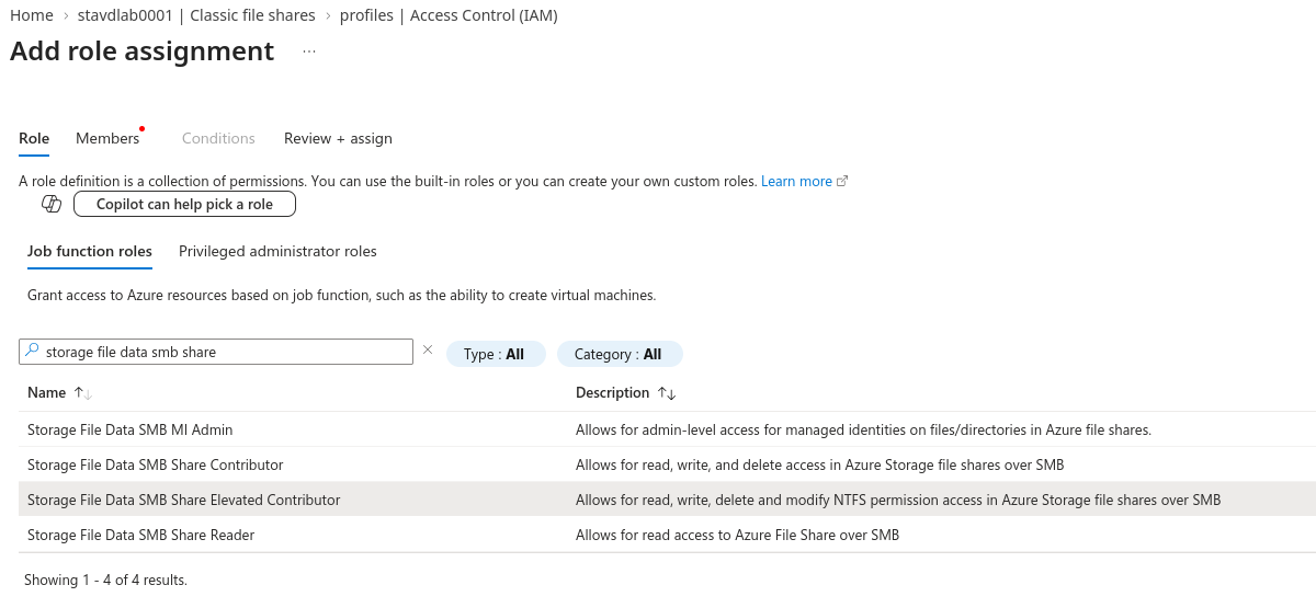 The four Storage File Data SMB roles in the Add role assignment blade, with Elevated Contributor highlighted