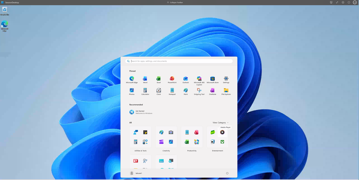 labuser1’s first session: a Windows 11 desktop on avd-sh-0 with the Start menu open