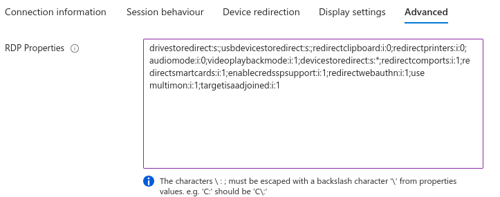 The host pool’s Advanced RDP properties with targetisaadjoined:i:1 appended to the end of the default string