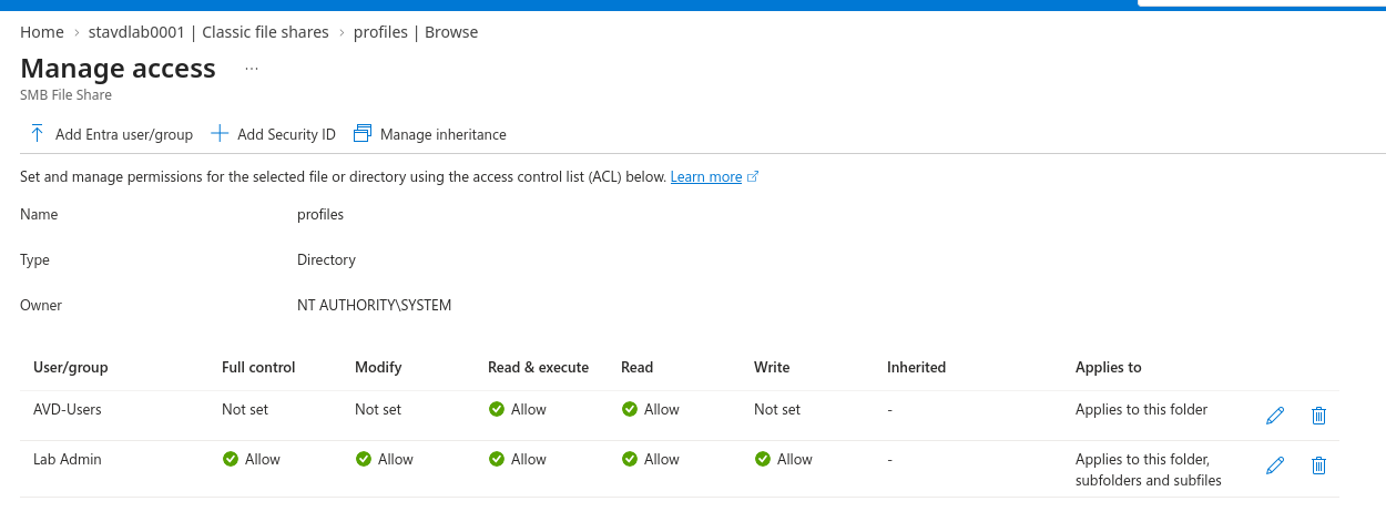 The broken ACL baseline on the profiles share root: AVD-Users down to Read and execute on this folder only, CREATOR OWNER gone, labadmin untouched