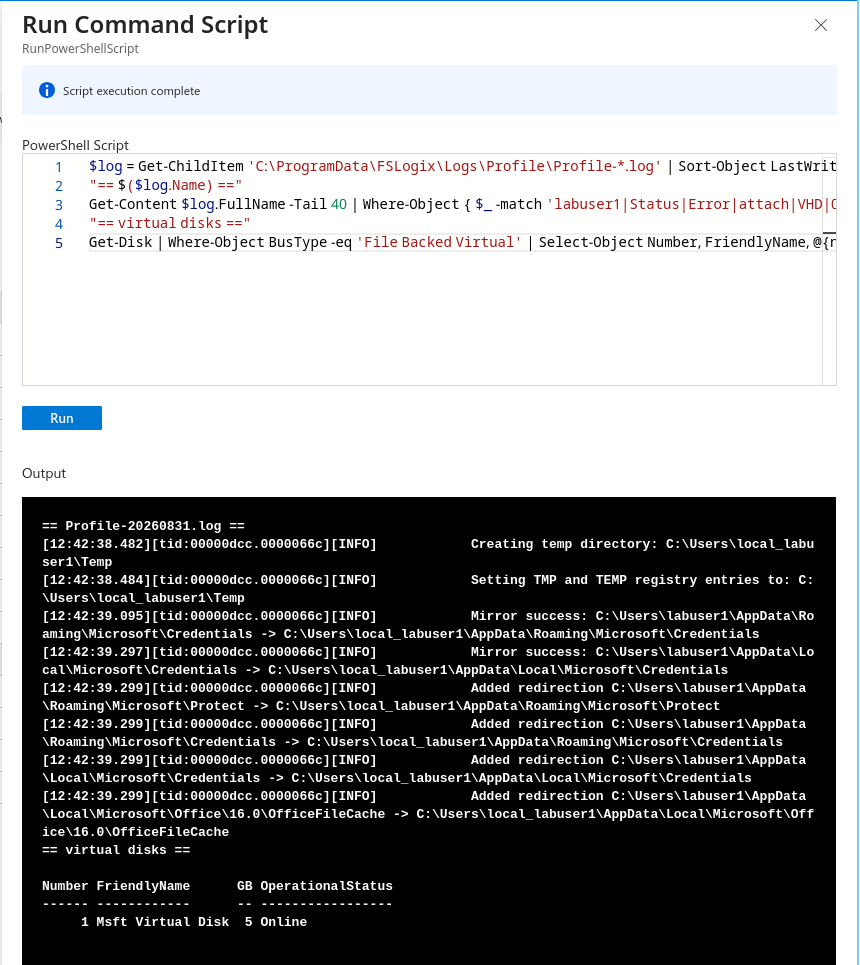 Run command output on avd-sh-1: the tail of the FSLogix profile log with mirror and redirection entries, and one 5 GB Msft Virtual Disk online