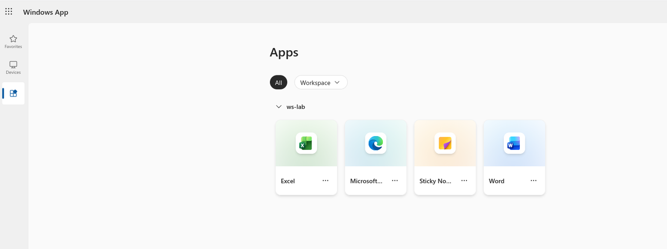 labuser2’s Apps view in the Windows App: the ws-lab workspace with four RemoteApp tiles, Excel, Microsoft Edge, Sticky Notes, and Word, and no desktop