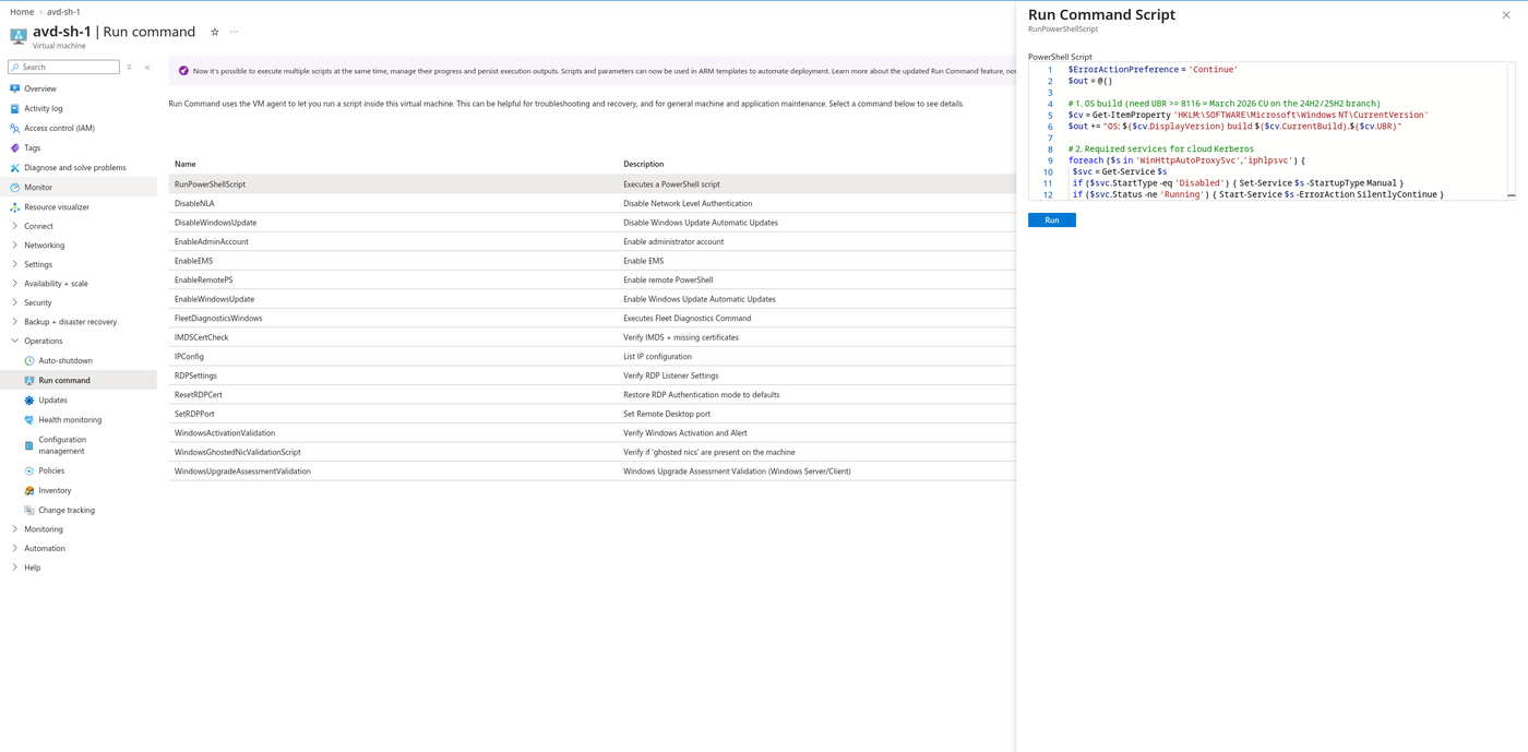 The Run command blade on avd-sh-1 with the RunPowerShellScript panel holding the FSLogix setup script