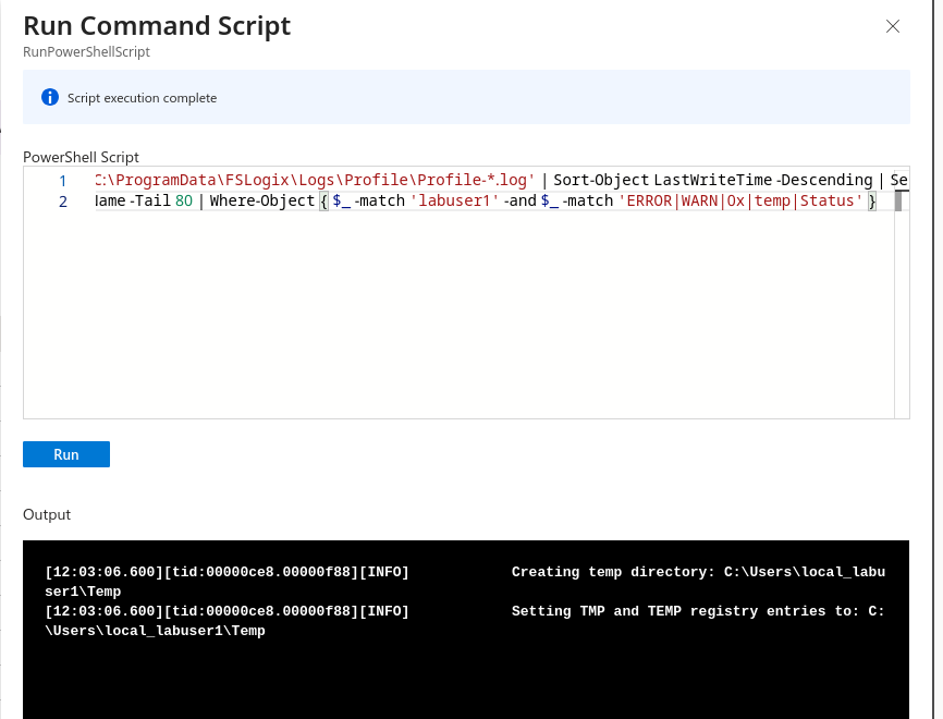 Run command output on avd-sh-1 after the folder ACL break: only the two normal temp-directory INFO lines, no errors