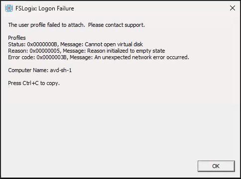 The FSLogix Logon Failure dialog: status 0xB cannot open virtual disk, reason 0x5, error code 0x3B an unexpected network error occurred, computer name avd-sh-1