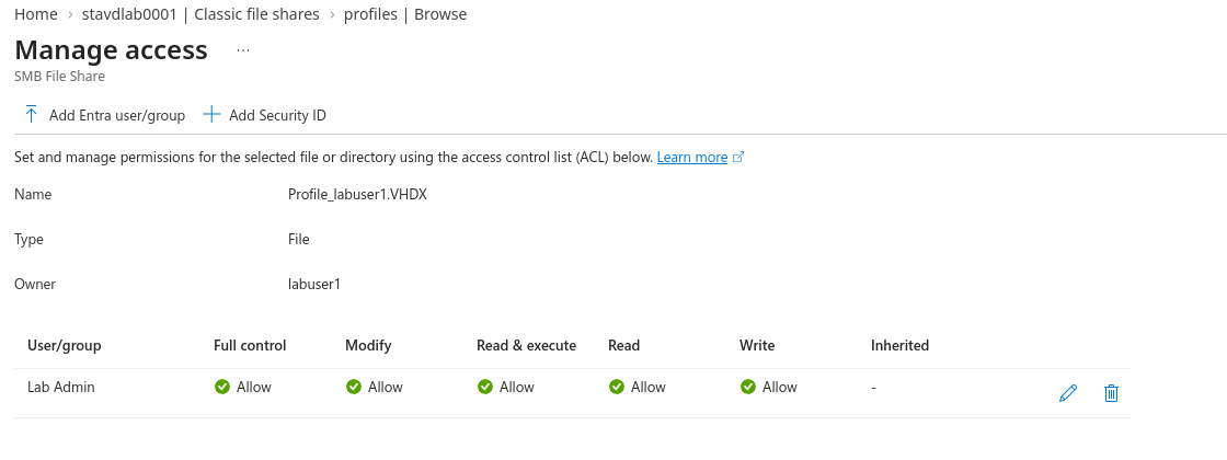 Manage access on Profile_labuser1.VHDX after the break: only the Lab Admin entry remains