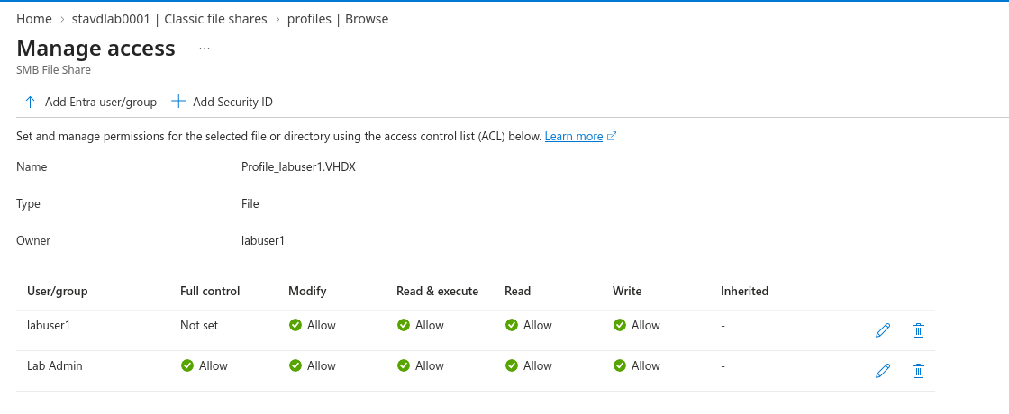 Manage access on Profile_labuser1.VHDX: owner labuser1, with explicit labuser1 Modify and Lab Admin Full control entries