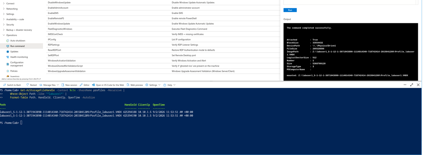 Run command on avd-sh-1 showing the VHDX mounted from the share, over the Cloud Shell handle query showing the two handles it holds